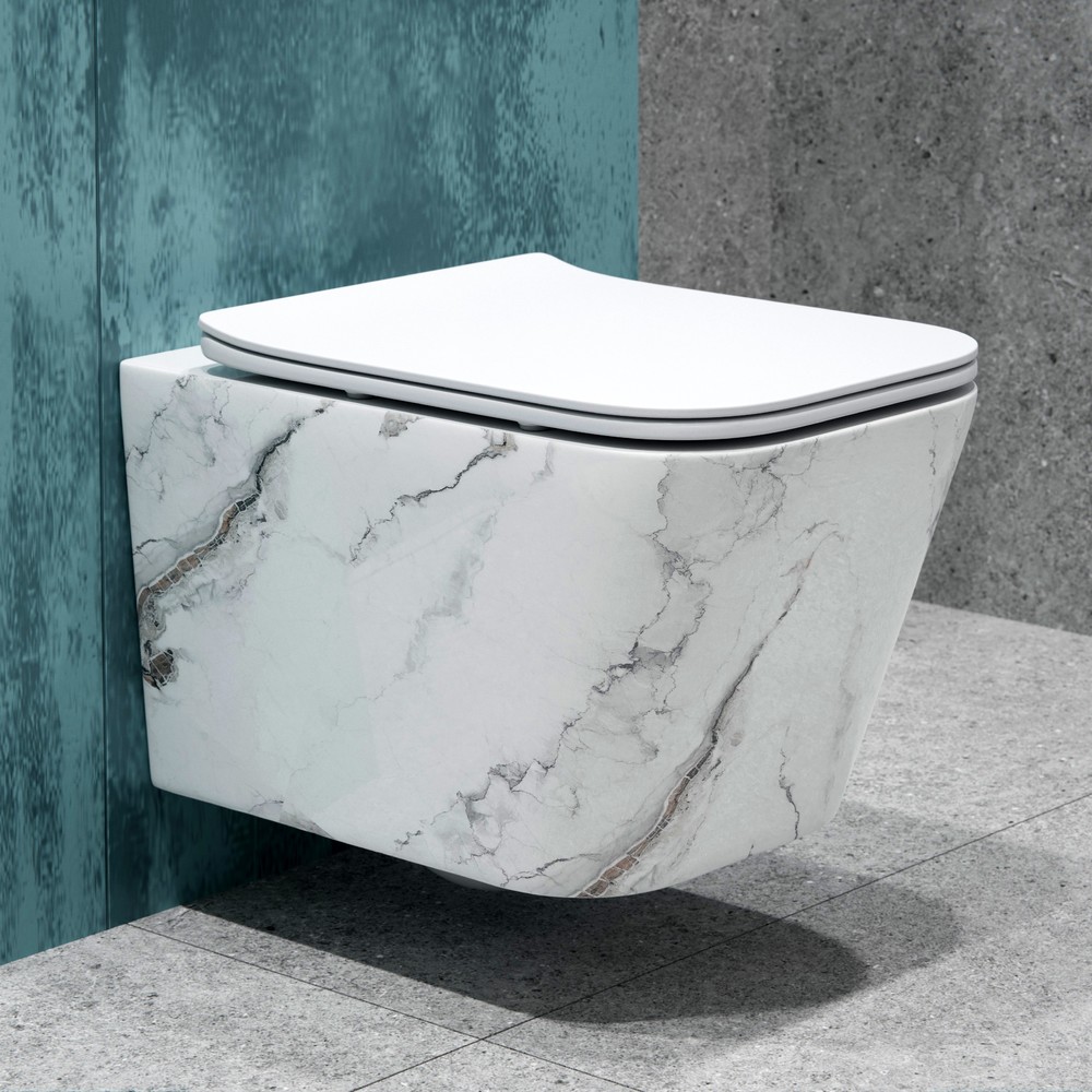 картинка Унитаз подвесной К633MD белый мрамор безободковый, сиденье тонкое ДП, крепления Eva Gold 