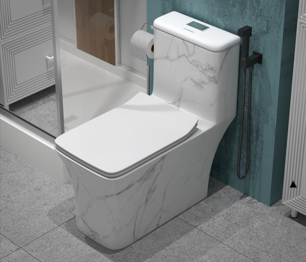 картинка Унитаз-моноблок SM9615 мрамор безободковый с гофрой и подводкой тонкое сиденье ДП Eva Gold 