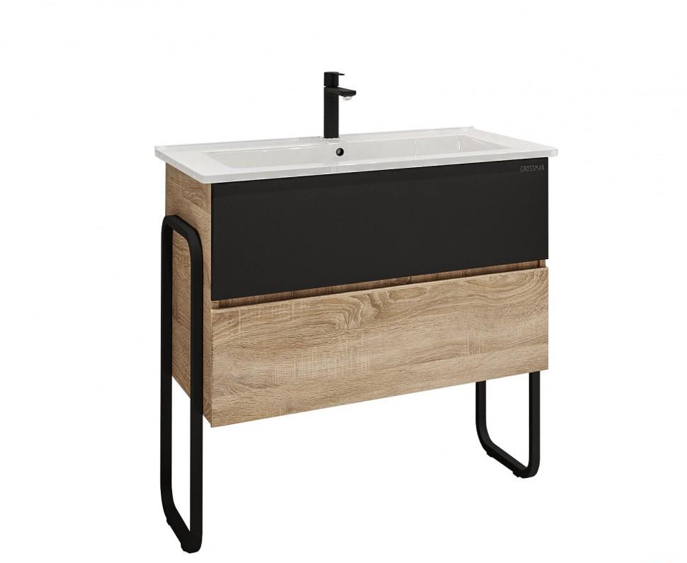 картинка Тумба напольная Солис 85 с 2-я ящ. дуб сонома черная (ум. Оскар-85) Grossman 