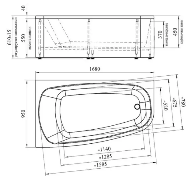 картинка Ванна Рона 168*95 R на каркасе без панели Radomir 