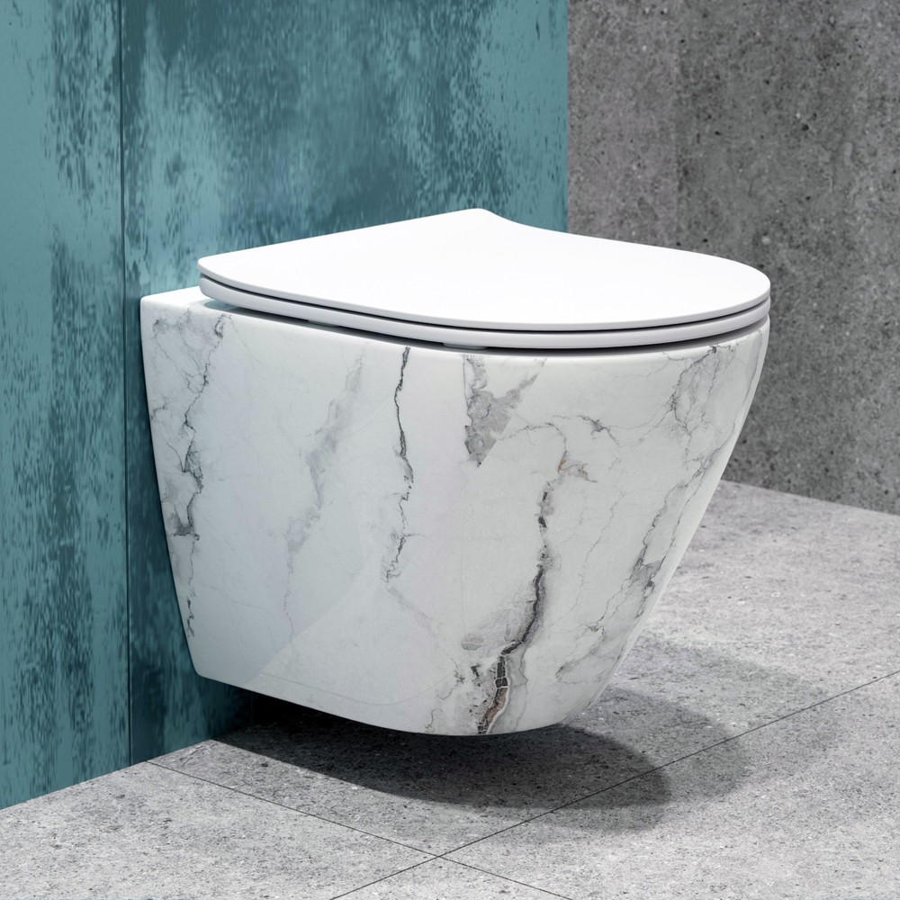 картинка Унитаз подвесной К505MD белый мрамор безободковый, сиденье тонкое ДП, крепления Eva Gold 