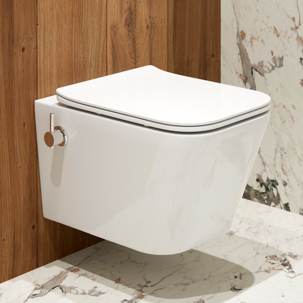 картинка Унитаз подвесной К633B со встроенным биде безободковый, сиденье тонкое ДП, крепления Eva Gold 