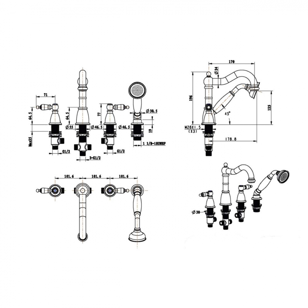 картинка Смеситель для акриловой ванны врезной medici 391 Boheme 