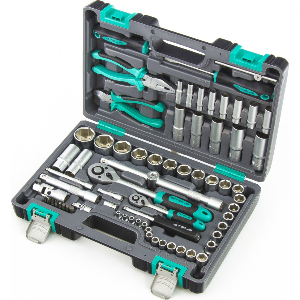 картинка Набор инструментов пластиковый кейс 1/4 CrV 69 предметa Stels 14108 