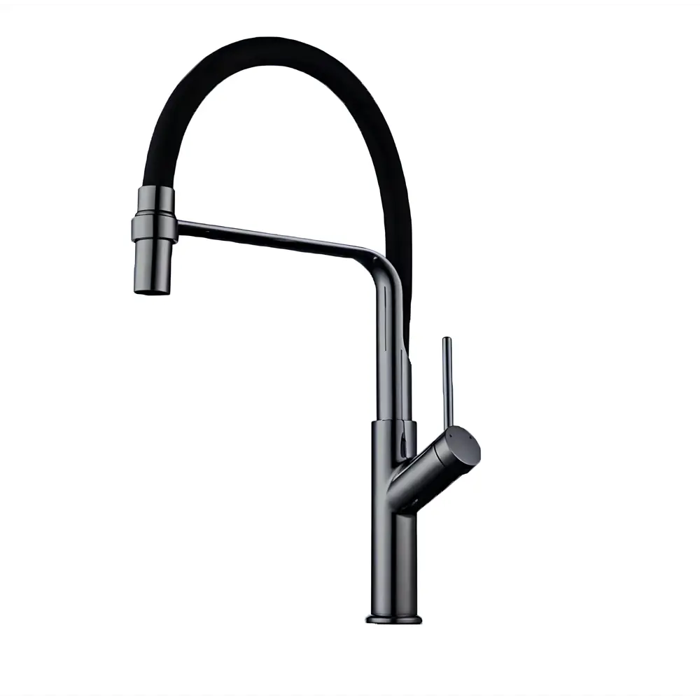 картинка Смеситель для кухни D40036-4 высокий гибкий черный излив, серый Dikalan 