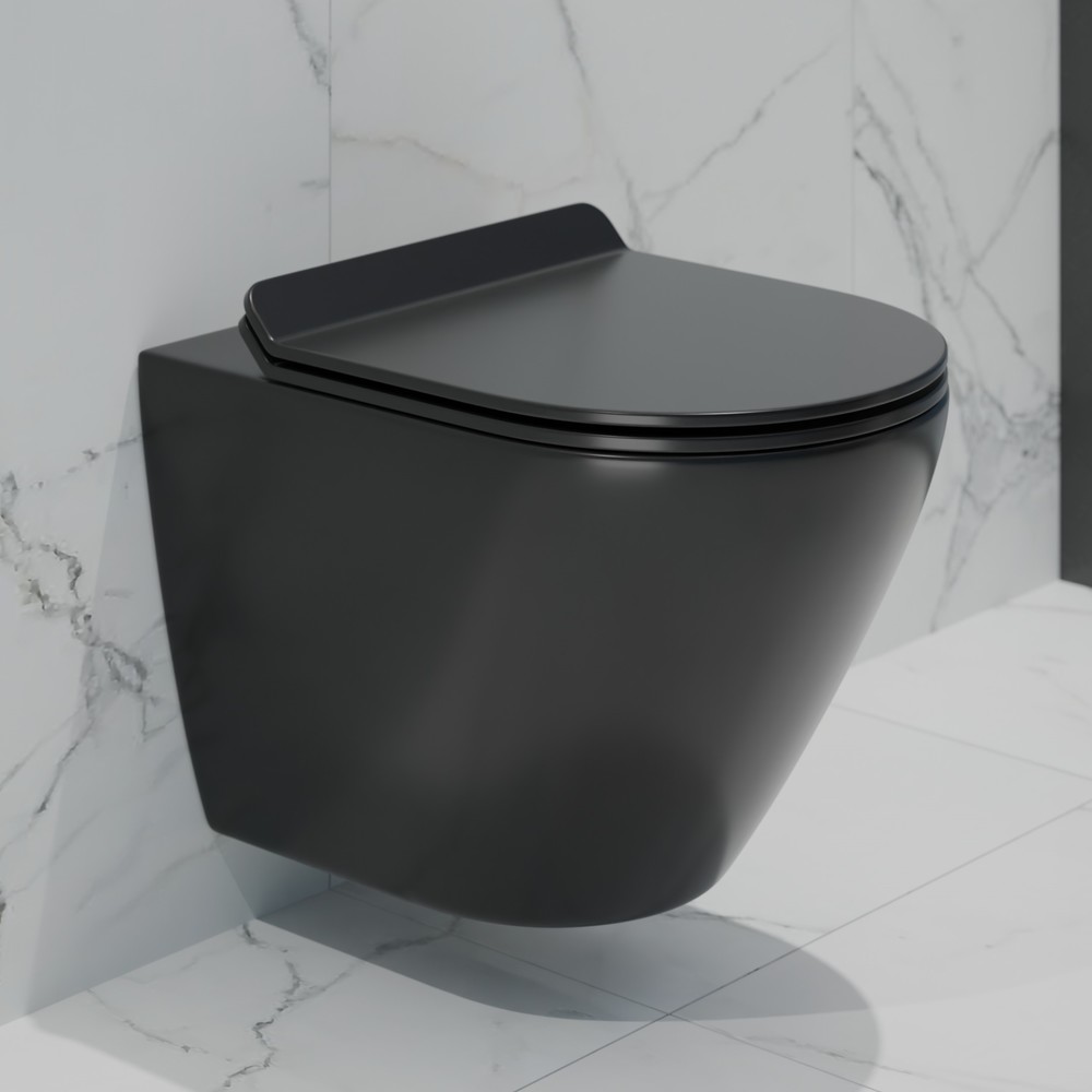 картинка Унитаз подвесной К505BM черный матовый безободковый, сиденье тонкое ДП, крепления Eva Gold 