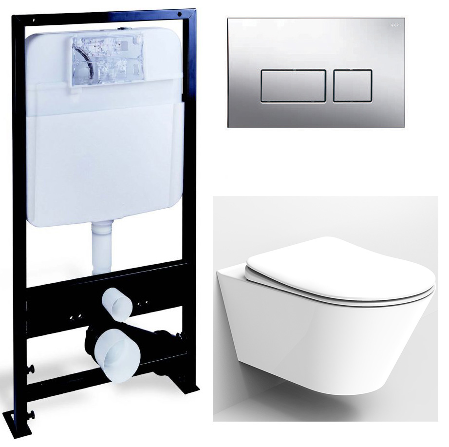 картинка Унитаз подвесной, Avva Белый глянец 972-W+Крышка 976-W+Инсталяция 666+Кнопка 664-CR Boheme 