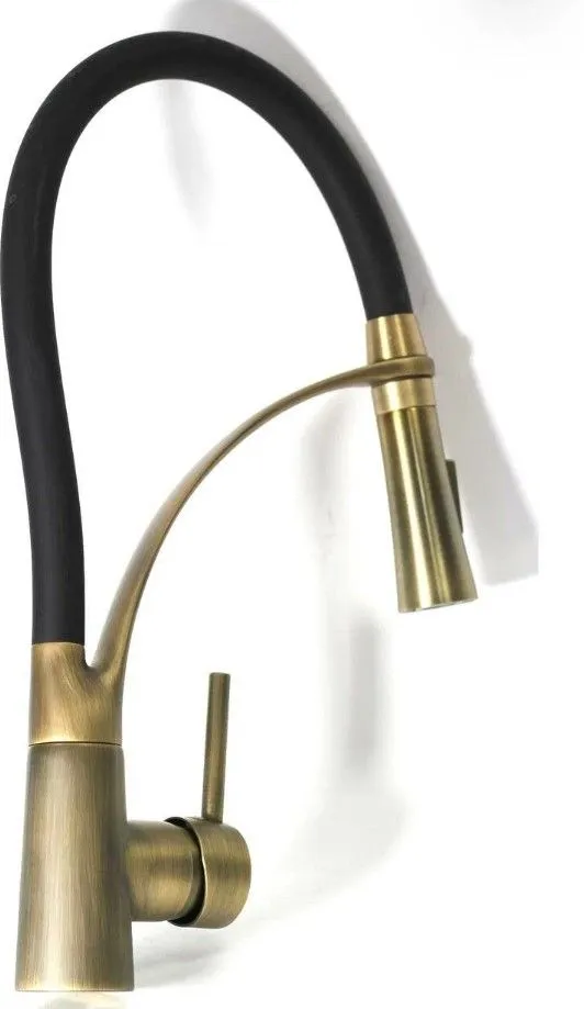 картинка Смеситель для кухни D40035-17 высокий гибкий черный излив, золото Dikalan 