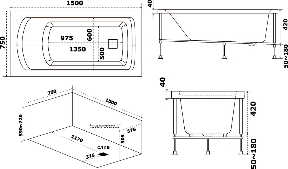 картинка Ванна Аякс 150*75 без экрана Bas 