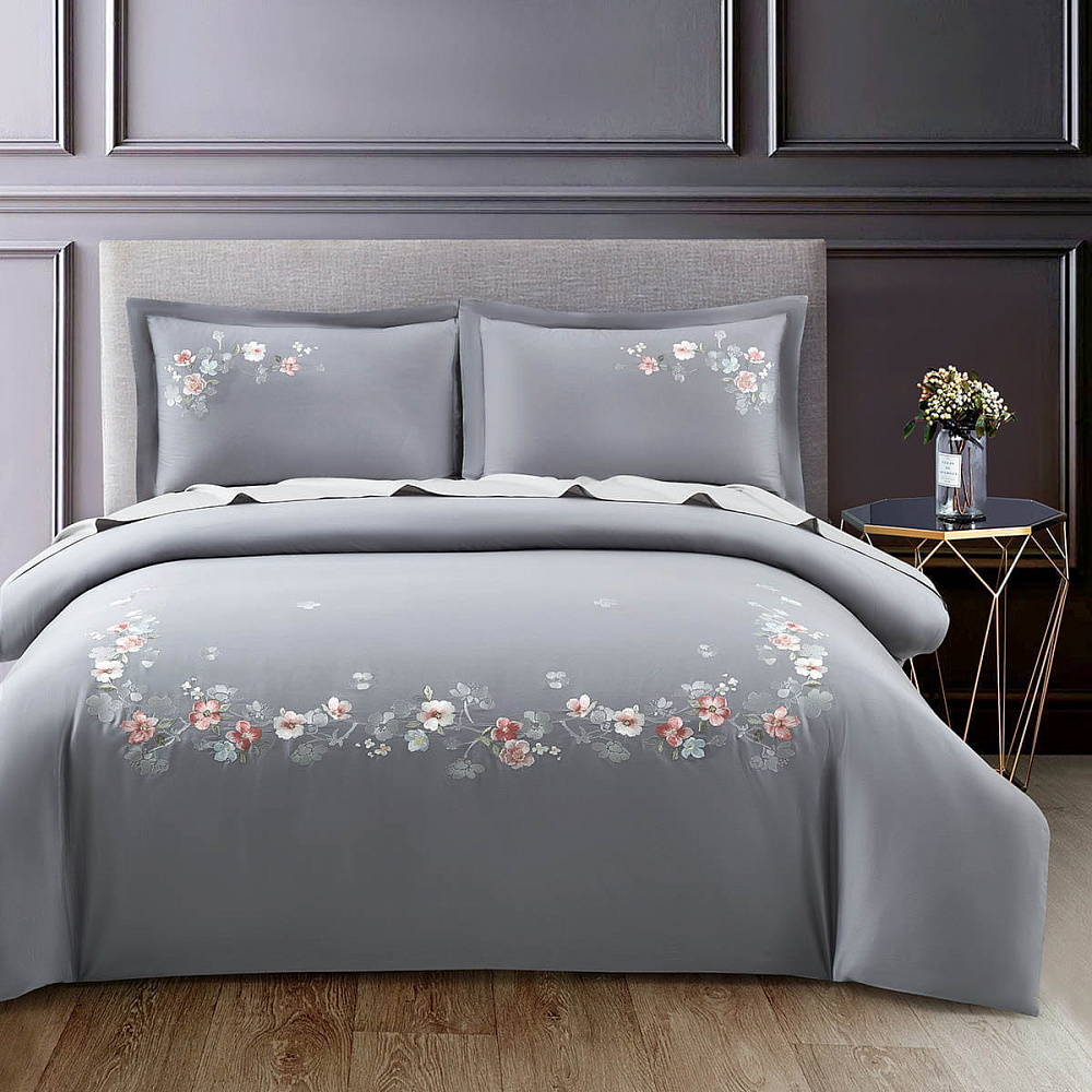 картинка Постельное белье Arya Deluxia сатин с вышивкой 2 Сп. 200*220 Emma серый 
