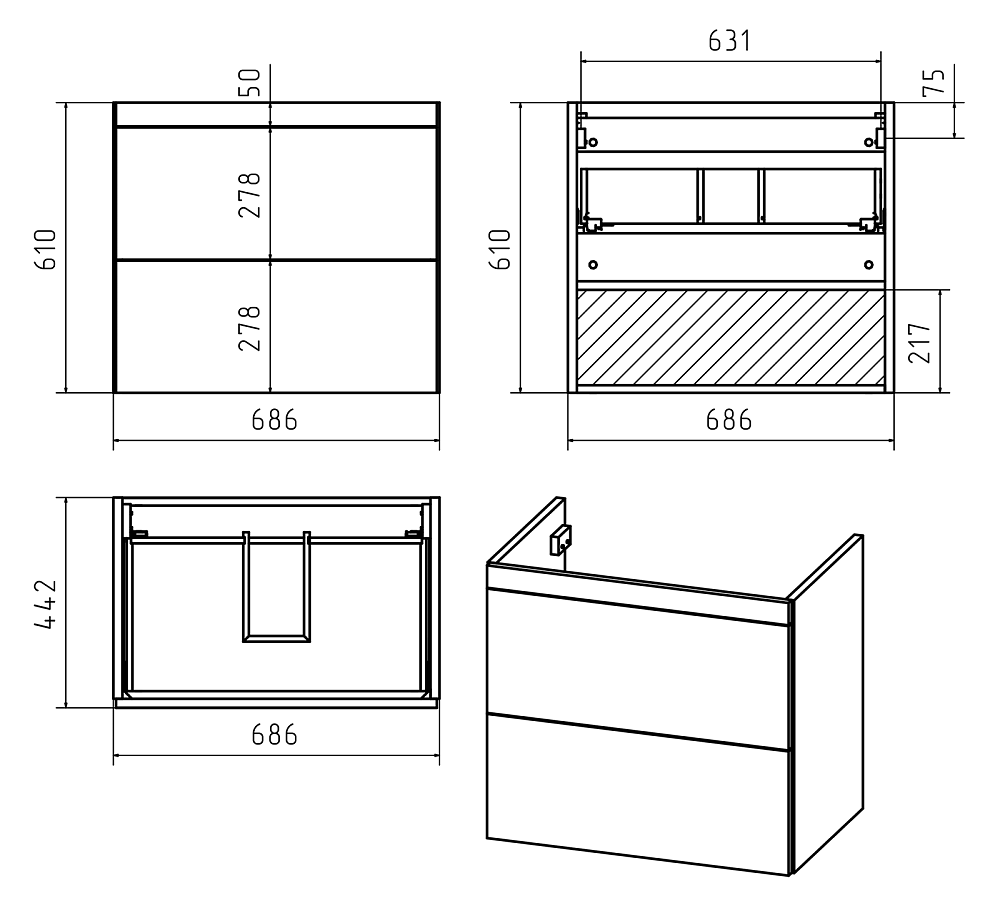 картинка Тумба Атлантик 70 подвесная с 2 ящ. закруг.края серый камень ум. Атлантик 70 Misty 