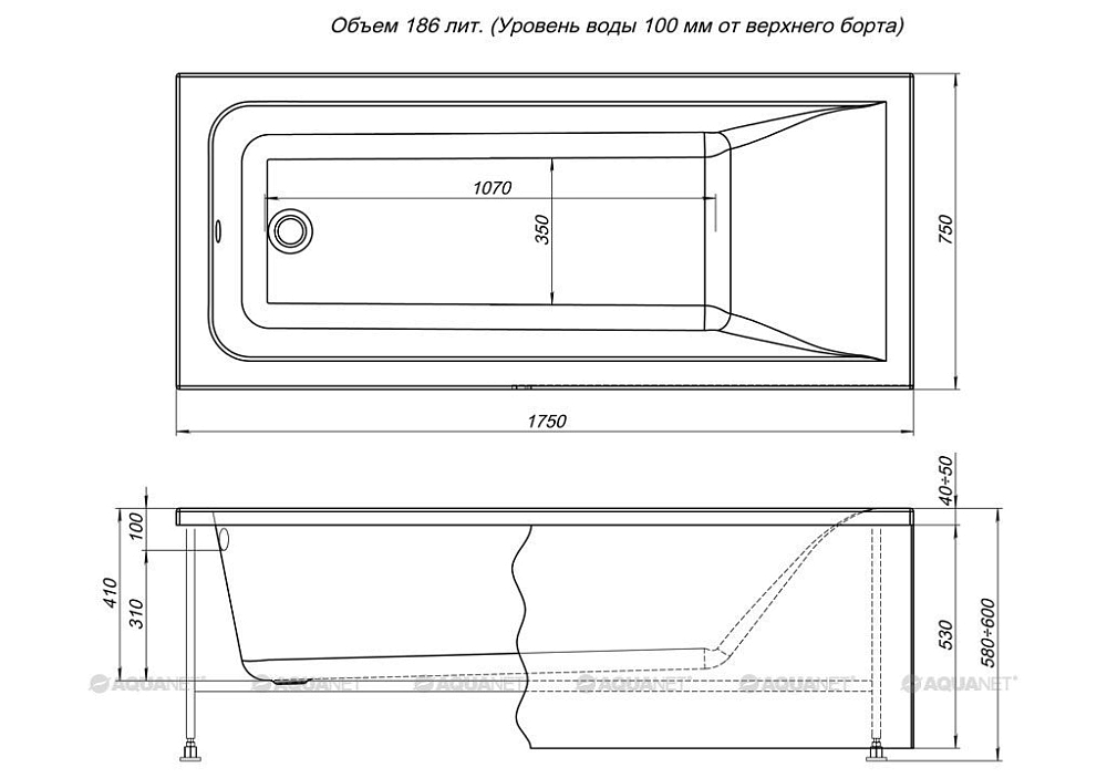 картинка Ванна Bright 175*75 без панели Aquanet 