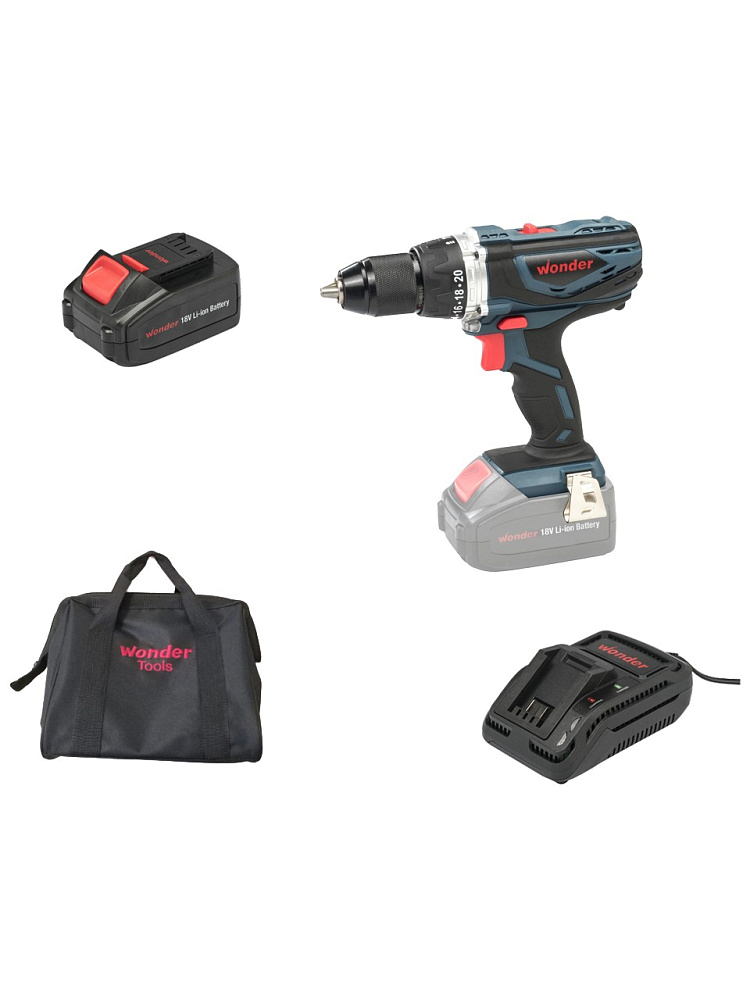 картинка Дрель-шуруповерт аккумуляторная набор с батарейками 18В 4Ач Wonder JD631018A 