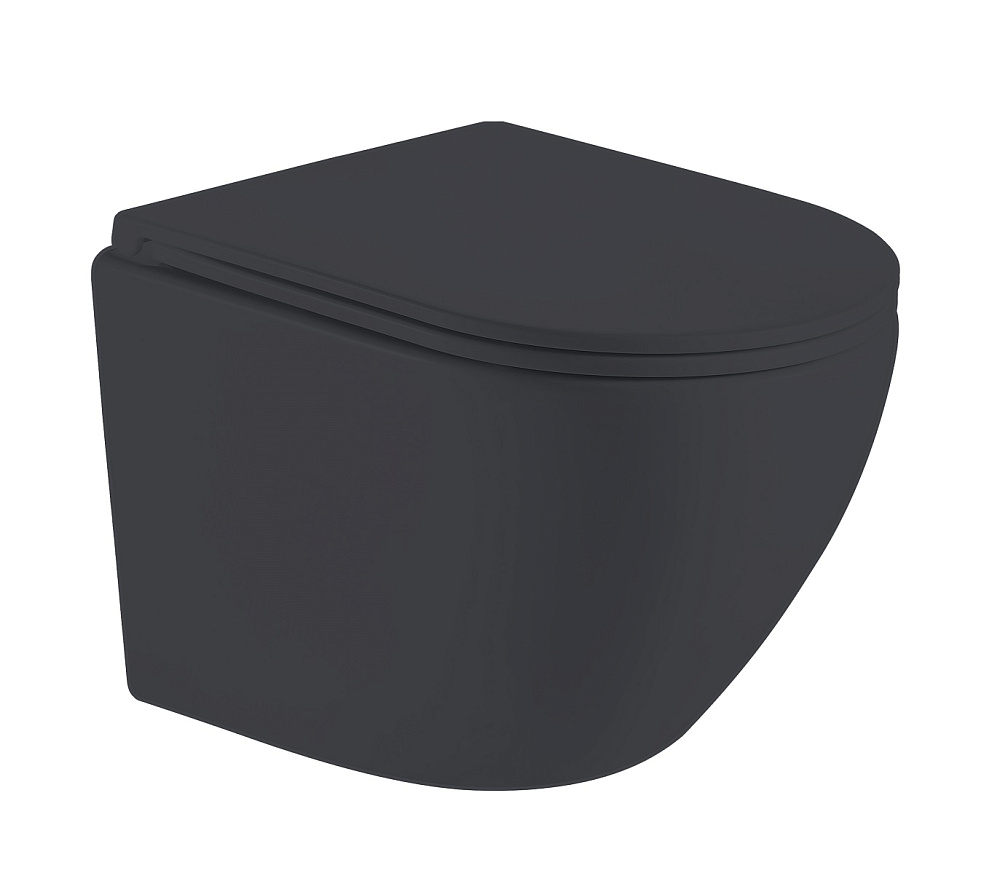 картинка Унитаз подвесной К505 черный матовый безободковый сиденье тонкое ДП крепл. Eva Gold НЕ ИСПОЛЬЗОВАТЬ 