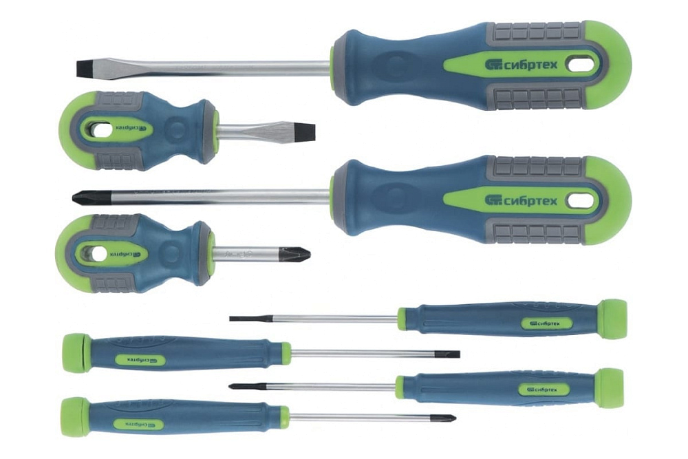картинка Набор отверток универсальный трехкомпонентные рукоятки 8 предметов Сибртех 13375 