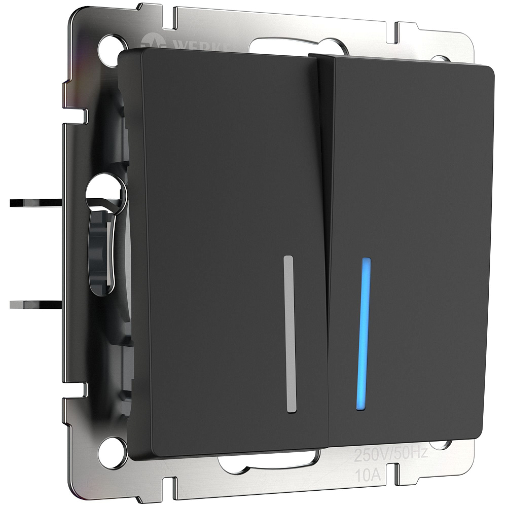 картинка Выключатель двухклавишный проходной с подсветкой черный матовый WL08-SW-2G W1122108 Werkel 029877 