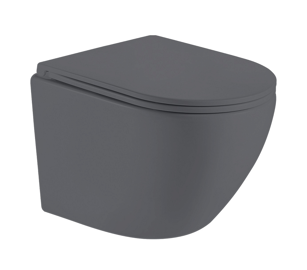 картинка Унитаз подвесной К505 серый матовый безободковый, сиденье тонкое ДП, крепления Eva Gold 