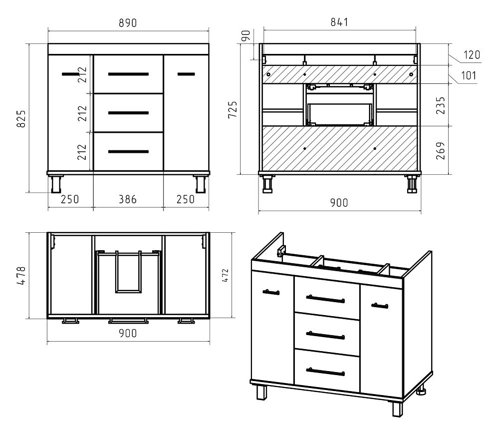 картинка Тумба Терра 90 с 3 ящ серая ум. Рава 90 Misty 